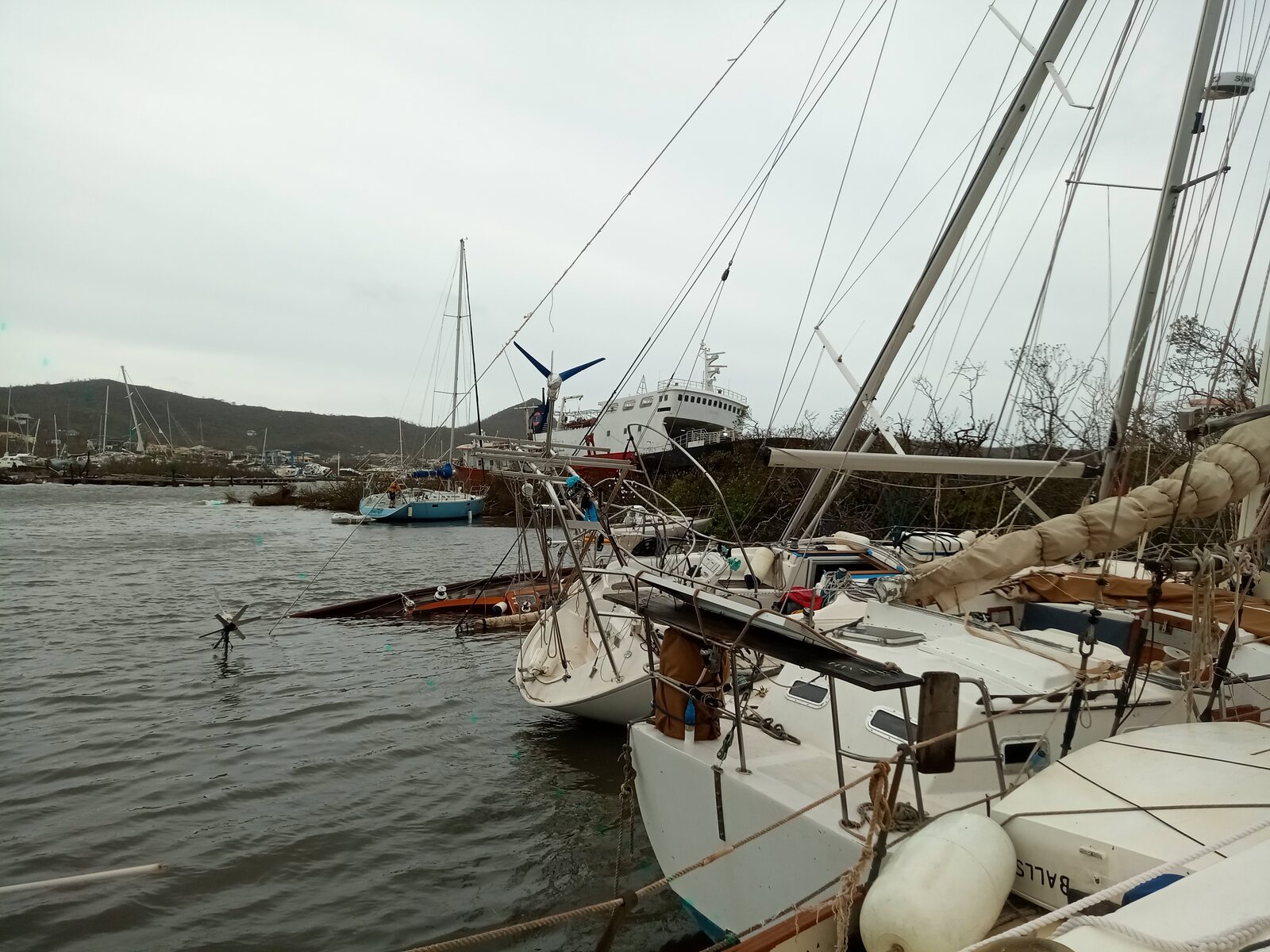 Boats wrecked and dismasted in the anchorage after Hurricane Beryl