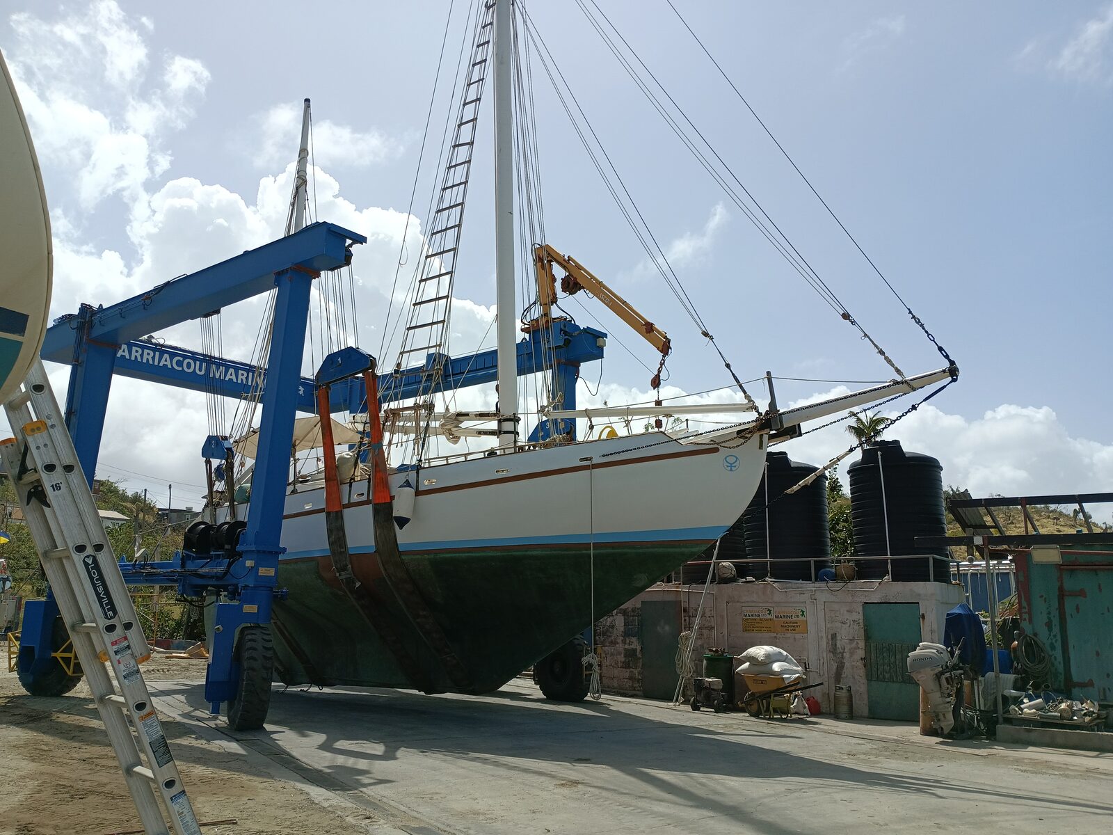 Cherub hauled out in a Caribbean boatyard during her refit